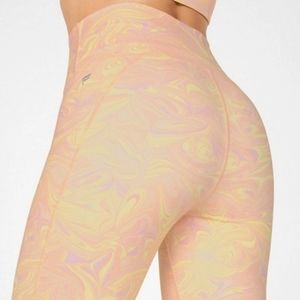 Fabletics Powerhold Marble Pink & Yellow Leggings XXS